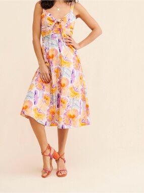 Anthropologie Yellow & Purple Floral Tie-Front Midi Dress